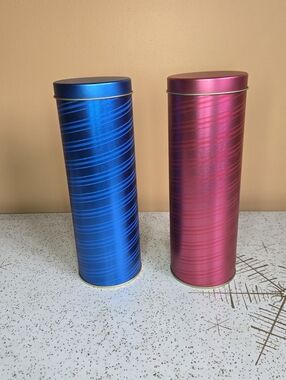 Metallic Blue and Pink Tall Cylindrical Tins - Set of 2